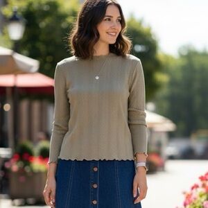 SHEIN Textured Knit Long Sleeve Top Wavy Hem Small Ribbed Detail Beige Womens XL